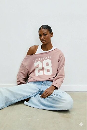 Machetta Kadın Yeni 28 Baskılı Tek Omuz Kayık Yaka Yeni Sezon Oversize Sweatshirt