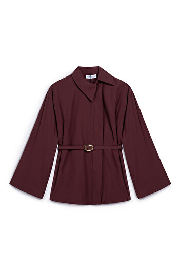 praye Asymmetrical Collar Belted Shirt Burgundy