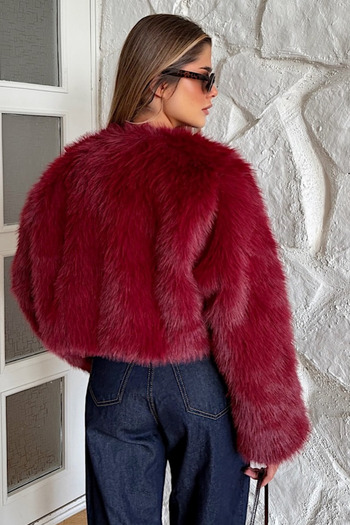 Nana & Mayka Moda Women's Burgundy Faux Short Coat – Lined, Crew Neck, Snap Closure, Winter Jacket