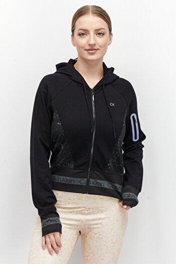 Calvin Klein Women Brand Logo Hooded Full Zip Sweatshirt, Black