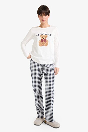DeFacto Pijama Takımı Regular Fit Ayıcık Baskılı Uzun Kollu Üst Kareli Uzun Alt-Fall in Love G2169AX25AU