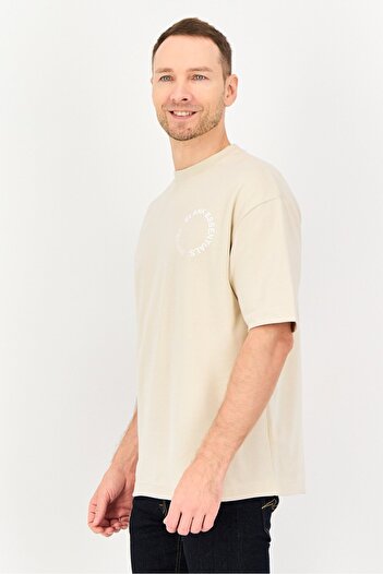 BLANK ESSENTIALS Men Crew Neck Short Sleeve Brand Logo T-Shirt, Beige
