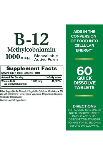 Nature's Bounty Vitamin B-12 Quick Dissolve Tablets, 1000mcg, Cherry Flavor, 60ct