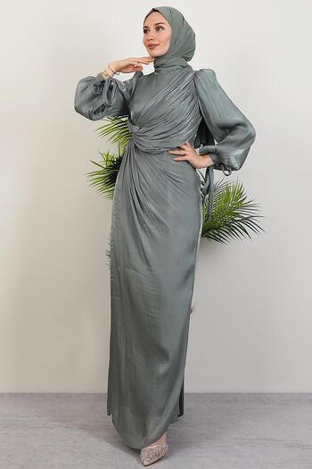 GİYZAMİLA Umay Tesettür Evening Dress Soft Green