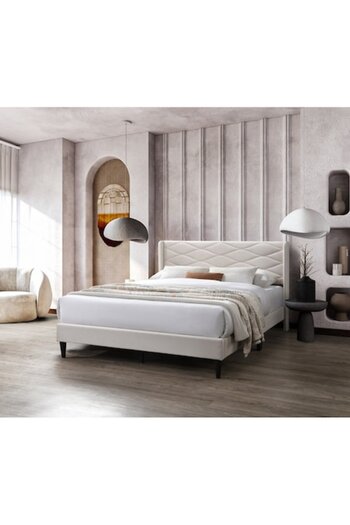 OEM Maya Upholstered Bed, 160x200, Wooden Frame with Fixed Bed Base, Beige Color
