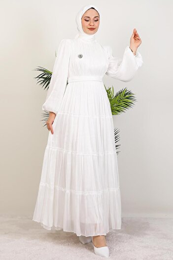 GİYZAMİLA Aydeniz Brooch Evening Dress White