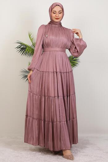 GİYZAMİLA Aydeniz Brooch Evening Dress Dusty Rose