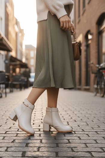 DİVOLYA Rober Beige Buckle Leather (5 cm Heels) Daily Use Women's Boots