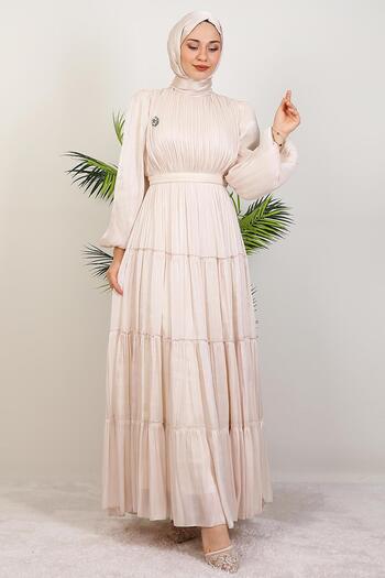 GİYZAMİLA Aydeniz Brooch Evening Dress Cream