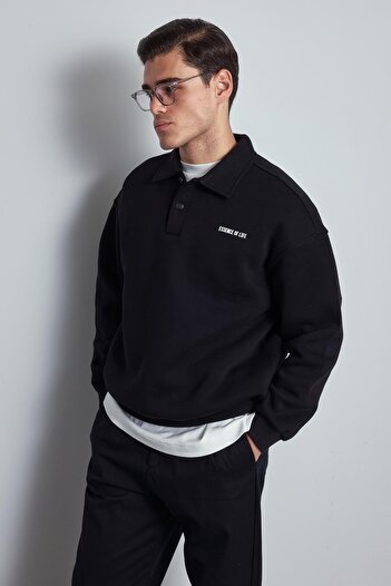 ablukaonline Men's Oversize Buttoned Polo Neck Sweatshirt Black