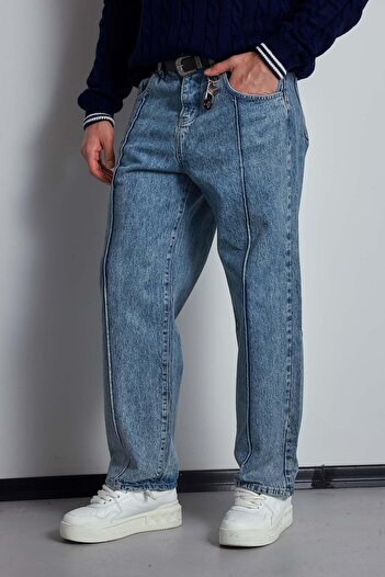 ablukaonline Erkek Baggy Fit Ön Dikiş Detaylı Jean Mavi