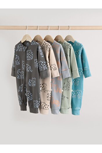 Next Baby Cotton Gray Blue Printed 5-Piece Jumpsuit Set