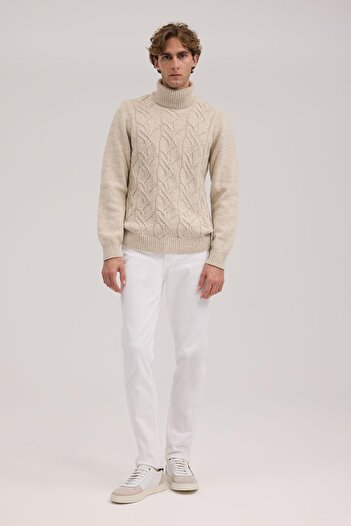 Jakamen Beige Slim Fit Full Turtleneck Knit Sweater
