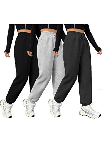 memowear Unisex 2 ip Örme Kumaş Rahat Kesim 3'Lü Set Bel ve Paça Lastikli Eşofman Altı