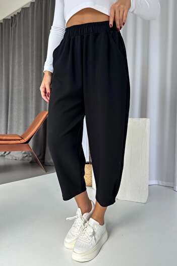 Mine Tan Butik Modal Kumaş Paça Tutturmalı Kadın Pantolon - Siyah