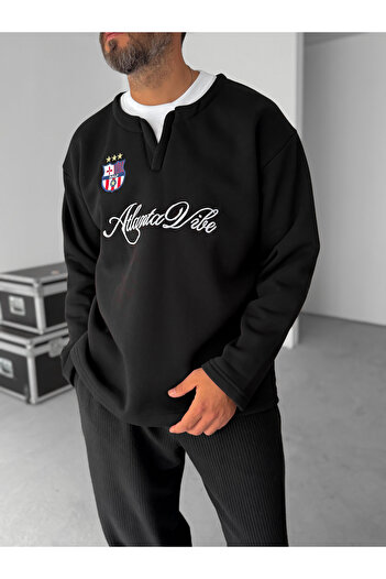 BYBASICMAN Black V-Neck Atlanta Embroidered Sweatshirt Hm-0006