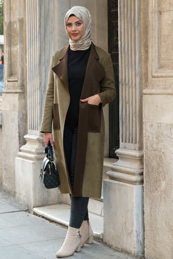 Tuğralı Tesettür Women's Long Khaki Hijab-Friendly Suede Jacket – Loose and Simple Seasonal Outerwear