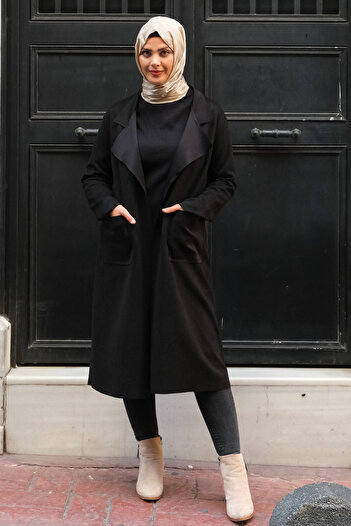 Tuğralı Tesettür Women's Long Black Hijab Suede Jacket – Loose and Simple Seasonal Outerwear