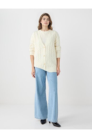 Jimmy Key Ecru V-Neck Loose Fit Pearl Detailed Knitwear Cardigan