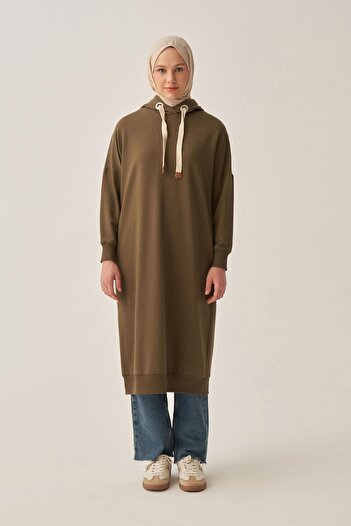 ALLDAY Khaki-Eyelet Hooded Lycra Long Sweatshirt with Pockets