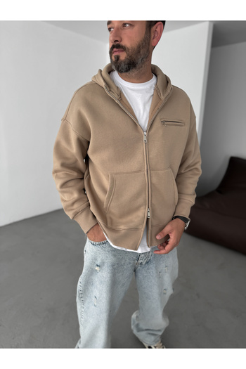 BYBASICMAN Light Brown Zipper Pocket Hooded Sweatshirt Yp-5015