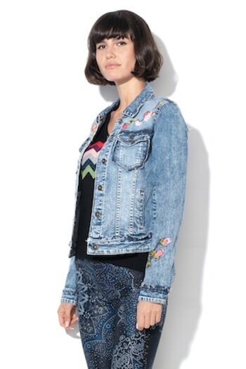 Desigual Jachetă din denim cu broderie Flandes, albastră, mărimea 36