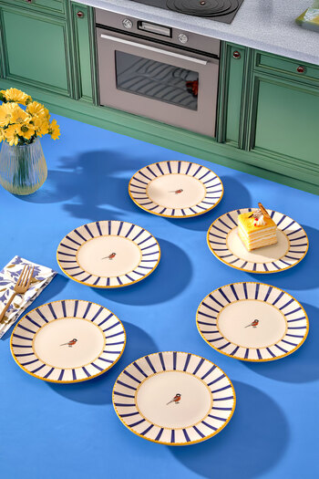 İLİVA 6-Piece Cake Presentation Plate Set - Modern Bird Pattern Striped Cake Dessert Cookie Plate Set Blue - 17 cm
