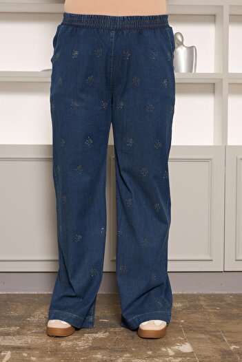 RMG Stone Detailed Plus Size Wide Leg Trousers Navy Blue