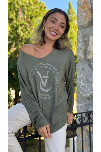 Punta Otantik Ls82681 Italian Stone Printed Knitwear Blouse Khaki