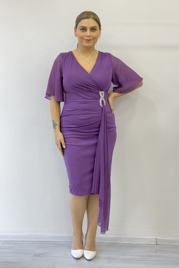 the ZKS Women's Half Sleeve Stone Detailed Midi Length Plus Size Evening Dress Black, Plum, Purple, Navy Blue