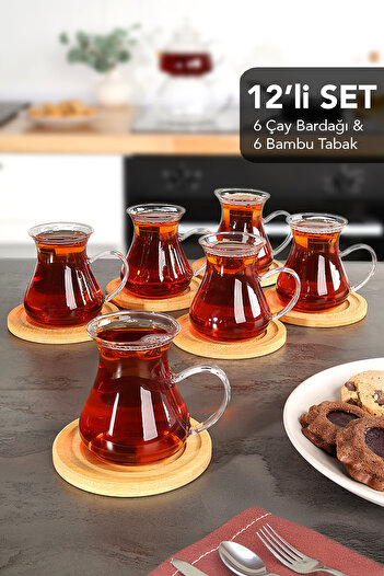 Meleni Home 12 Parça Borosilikat Cam Tombul Çay Bardağı Seti - Bambu Bardak Altlığı Kulplu Çay Bardağı 200 ml