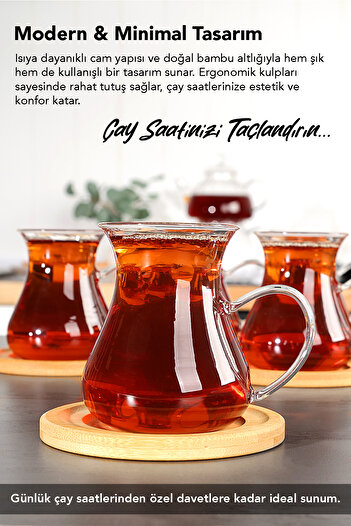 Meleni Home 12 Parça Borosilikat Cam Tombul Çay Bardağı Seti - Bambu Bardak Altlığı Kulplu Çay Bardağı 200 ml