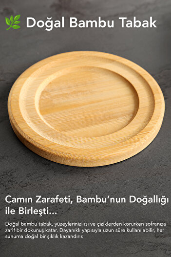 Meleni Home 12 Parça Borosilikat Cam Tombul Çay Bardağı Seti - Bambu Bardak Altlığı Kulplu Çay Bardağı 200 ml