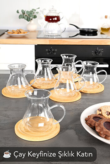 Meleni Home 12 Parça Borosilikat Cam Tombul Çay Bardağı Seti - Bambu Bardak Altlığı Kulplu Çay Bardağı 200 ml