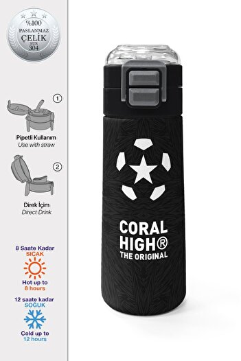 Coral High Kids Black Football Patterned Steel Thermos with Straw and Direct Drinking 500 ml 31898