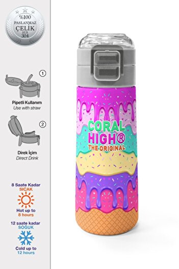 Coral High Kids Pink Colorful Ice Cream Patterned Straw and Direct Drinking Steel Thermos 500 ml 31938
