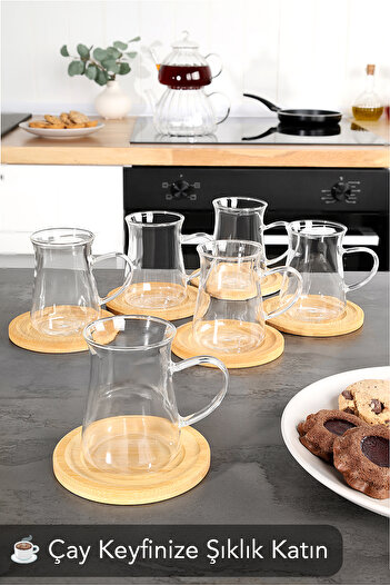 Meleni Home 12 Parça Borosilikat Cam Çay Bardağı Seti - Bambu Bardak Altlığı Kulplu Çay Bardağı 200 ml