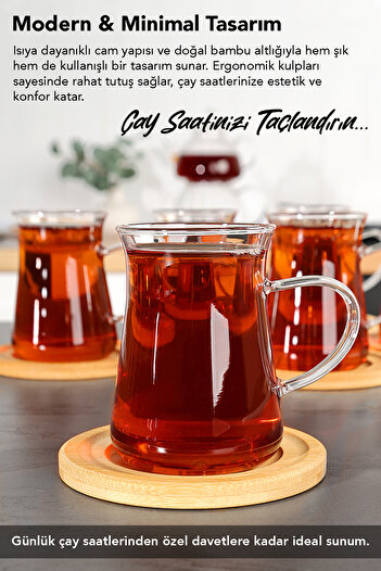 Meleni Home 12 Parça Borosilikat Cam Çay Bardağı Seti - Bambu Bardak Altlığı Kulplu Çay Bardağı 200 ml