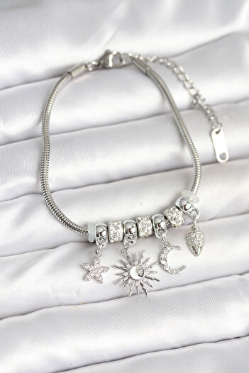 BESKAR Brass Silver Color Moon and Sun Charm Women's Bracelet
