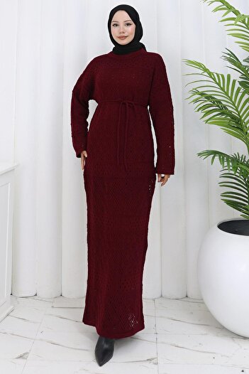 hafsamina Lined Lace-Up Openwork Dress Burgundy Hm2840