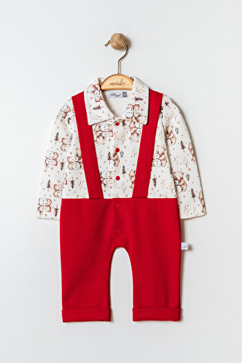 MİNİBORN Men's Long Sleeve Red Snowman Bear Printed Strap Detail Jumpsuit