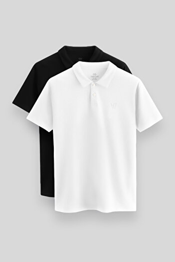 TOMMY LIFE Standard Fit Basic Polo Neck 2-Pack Black-White Men's T-Shirt - 87768
