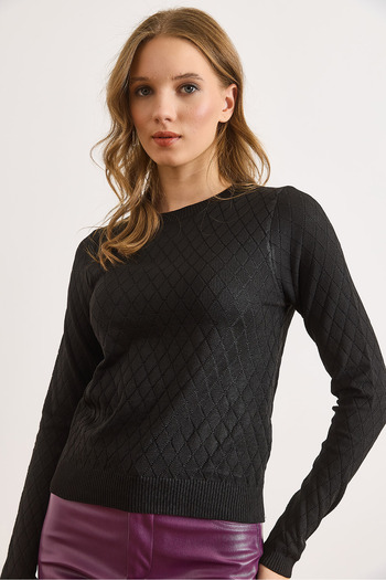 Olalook Women's Black Diamond Patterned Seasonal Knitwear Blouse Blz-19002885