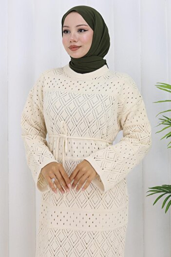 hafsamina Lined Lace-Up Openwork Dress Beige Hm2840