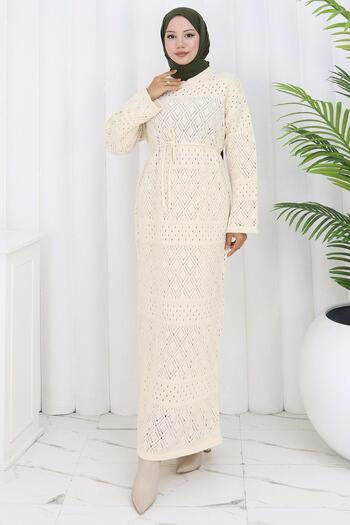 hafsamina Lined Lace-Up Openwork Dress Beige Hm2840