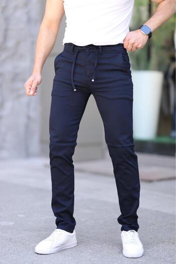 VAJESTO Erkek Lacivert Slim Fit Esnek Likralı Armürlü Kaliteli Keten Bağcıklı Şık Pantolon