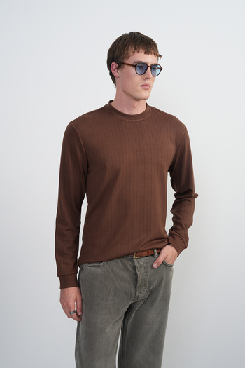 SILVANO Men's Crew Neck Striped Fabric Brown Sweatshirt