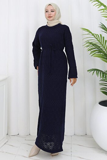 hafsamina Lined Lace-Up Openwork Dress Navy Blue Hm2840