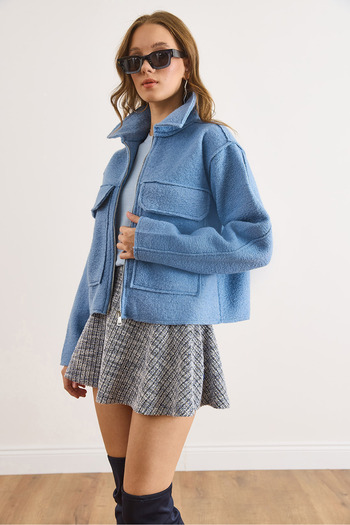 Olalook Women's Blue Zippered Pocket Unlined Cashmere Jacket Ckt-19000482