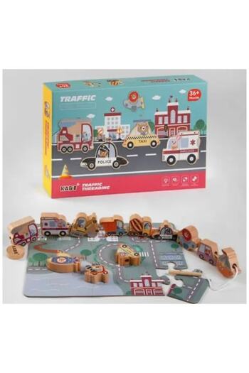 Toy Toy Toy Set de insirat din lemn cu margele in forma de mijloace de transport – puzzle cu drum